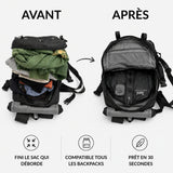 Gain de place obtenu dans le sac avec la housse de compression JustBackpacker avant et après compression